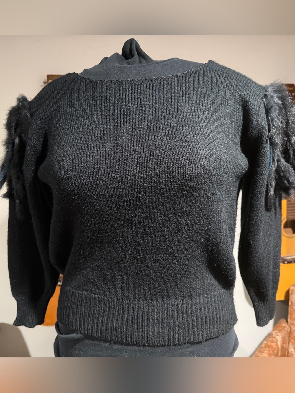 Black rabbit fur-Accent Crewneck Sweater - Women